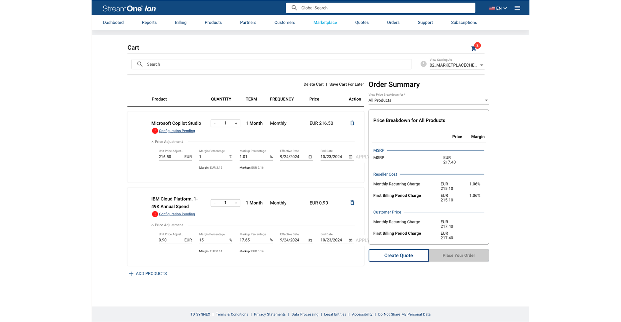01 · Cart: configuration pending and purchase action disabled.