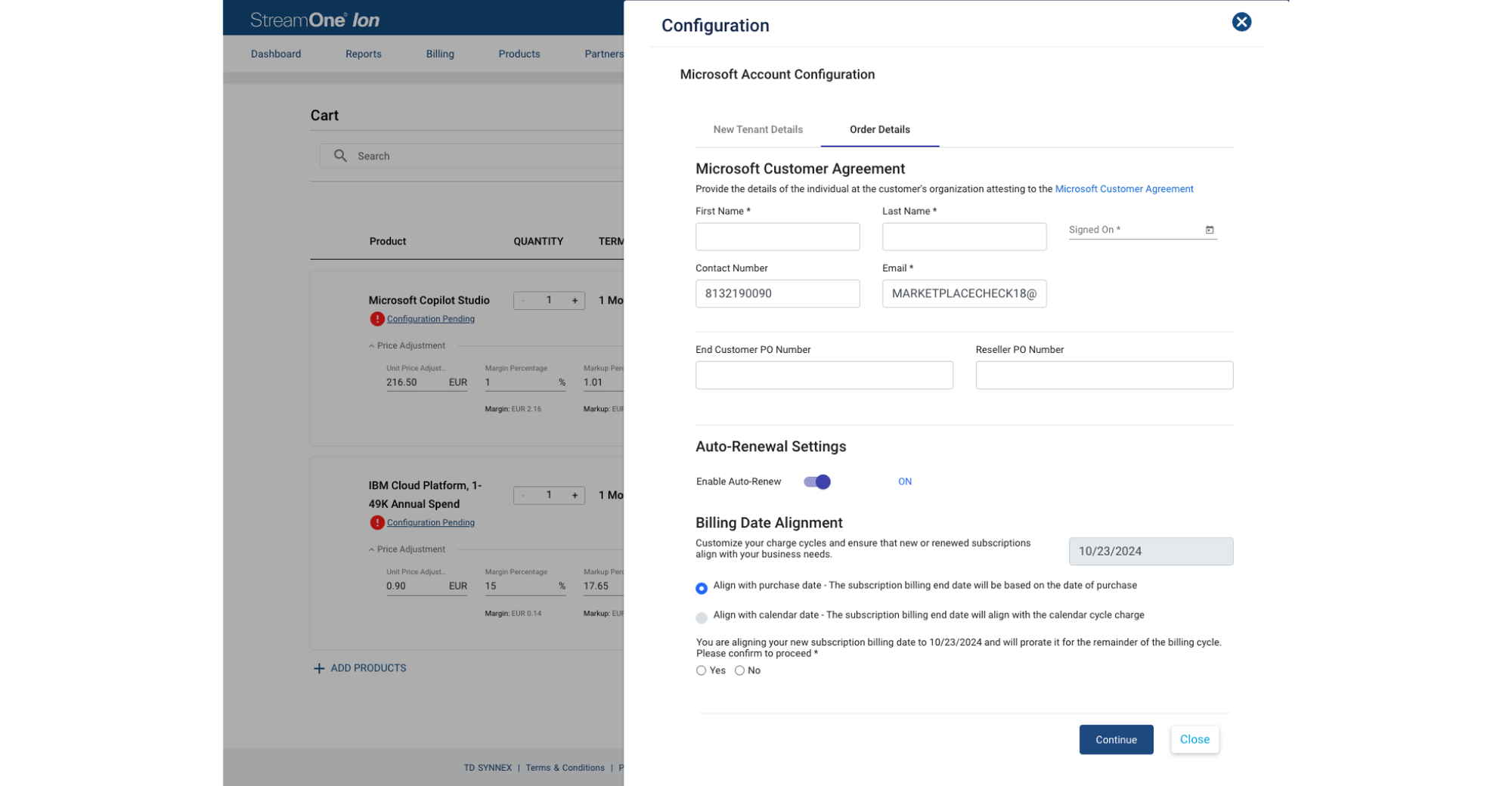 03 · Agreement and billing fields appear within the purchase flow.