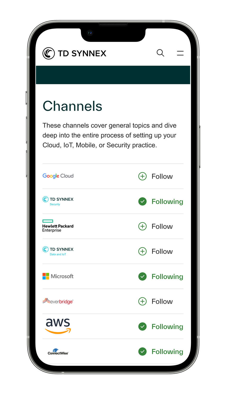 Mobile Channels list prioritizing vendor recognition and follow actions.