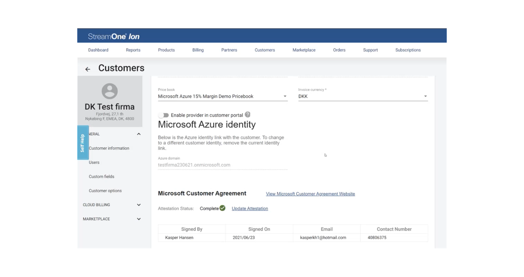 Microsoft identity and agreement details appeared within provider settings.