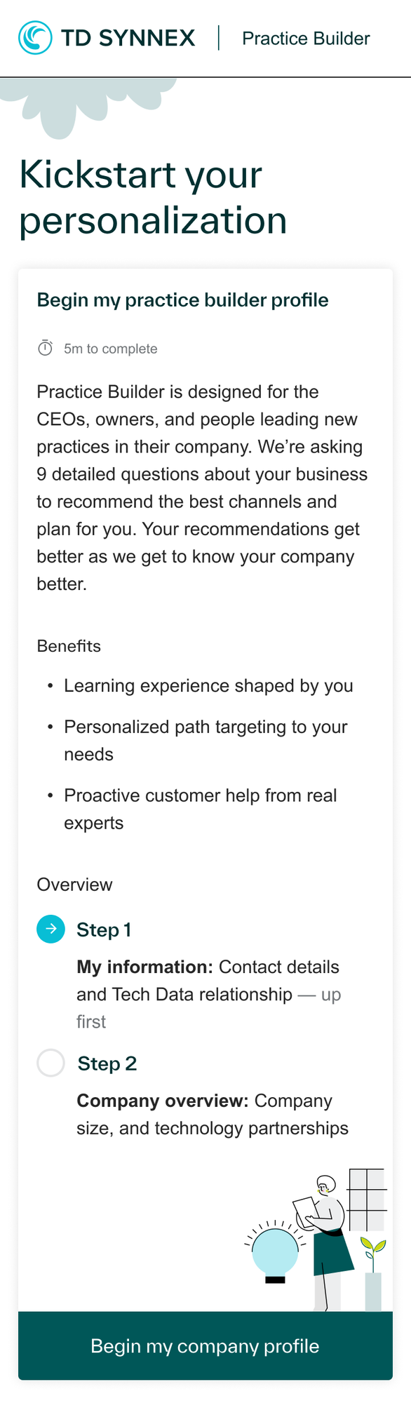 Mobile: the same onboarding journey with a focused, single-column layout.