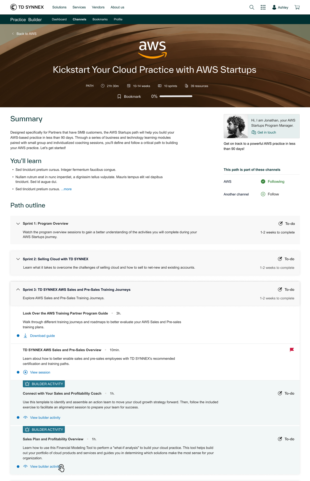 Path overview: estimated commitment, learning roadmap, expandable sprints, and activity statuses.